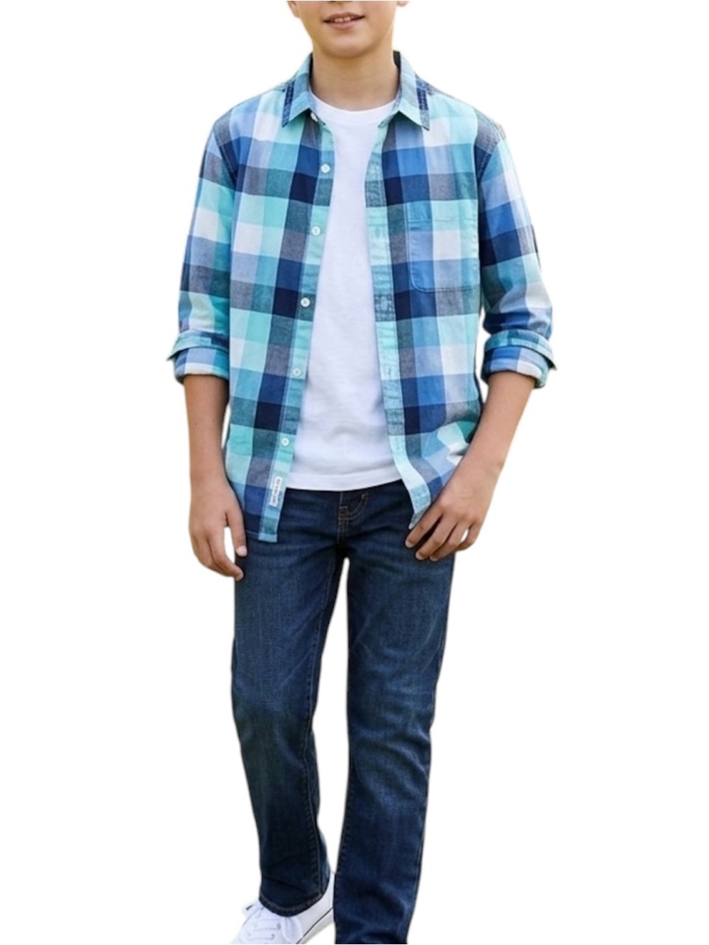 Old Navy Madras Plaid Button Down Shirt 14 16 Blue Green White Long Sleeve